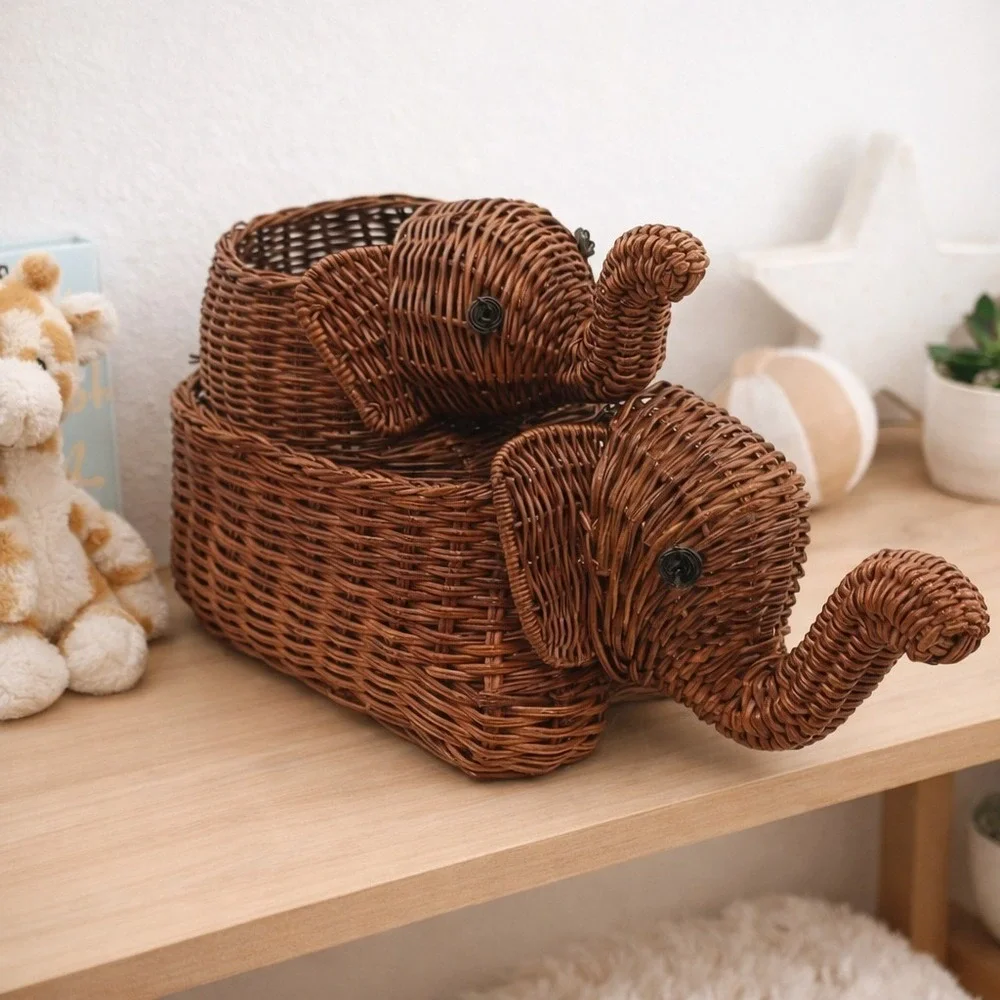 Vintage Woven Pair of Elephants Boho Safari Jungle Whimsical Cute Animal Baskets